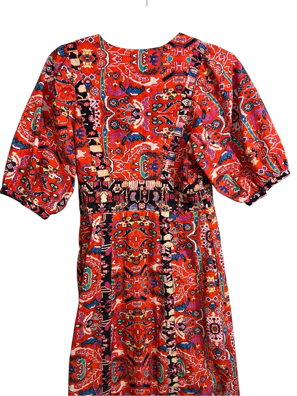 Anthropologie Midi Dress Cotton Patchwork Paisley Tile Print Puff Sleeve Size 4 - Picture 5 of 8